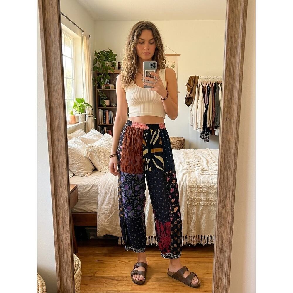 Vtg 90s Sacred Threads Patchwork Pants M/L Rayon Boho Embroidered Granola Girl